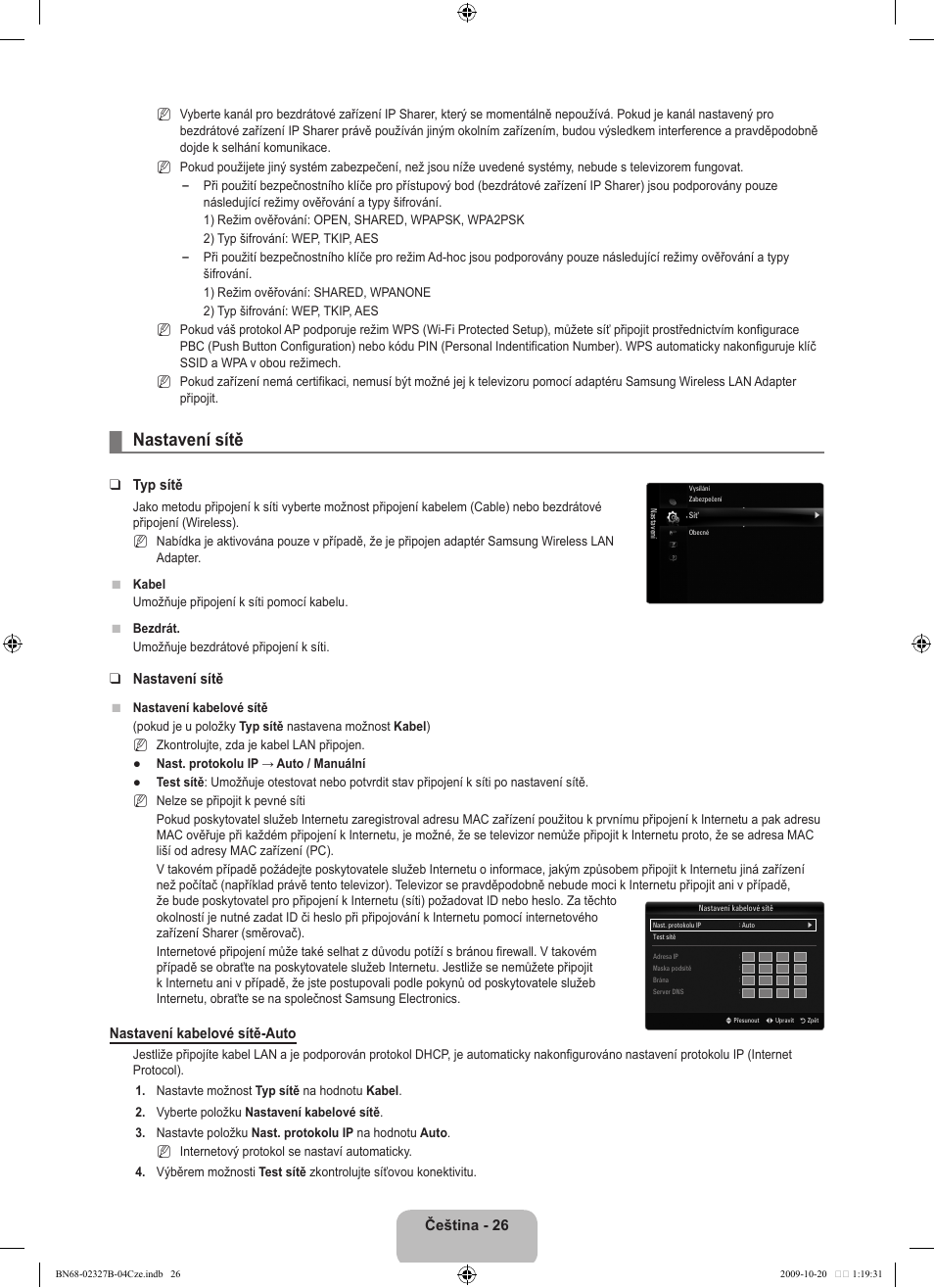 Nastavení sítě, Čeština, Typ sítě | Nastavení kabelové sítě-auto | Samsung LE46B750U1W User Manual | Page 436 / 680