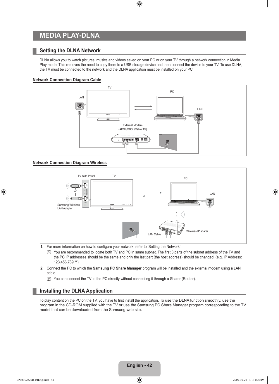 Media play -dlna, Setting the dlna network, Installing the dlna application | Media play-dlna | Samsung LE46B750U1W User Manual | Page 44 / 680