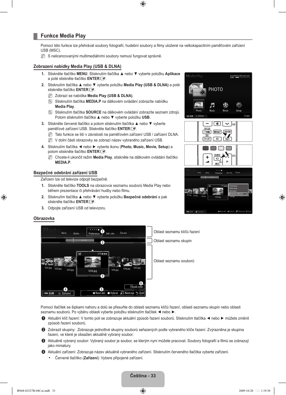 Funkce media play, Photo, Čeština | Zobrazení nabídky media play (usb & dlna), Bezpečné odebrání zařízení usb, Obrazovka | Samsung LE46B750U1W User Manual | Page 443 / 680