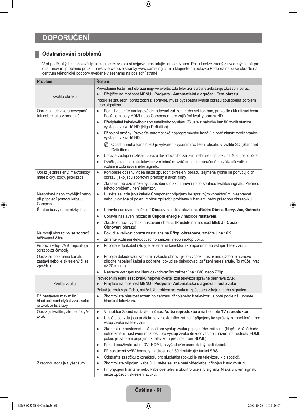Doporučení, Odstraňování problémů | Samsung LE46B750U1W User Manual | Page 471 / 680