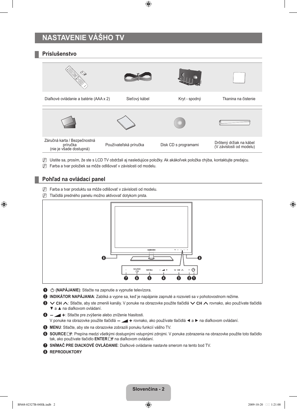 Nastavenie vášho tv, Príslušenstvo, Pohľad na ovládací panel | Samsung LE46B750U1W User Manual | Page 478 / 680
