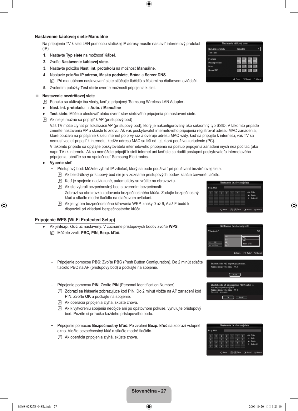 Slovenčina -  nastavenie káblovej siete-manuálne, Pripojenie wps (wi-fi protected setup) | Samsung LE46B750U1W User Manual | Page 503 / 680