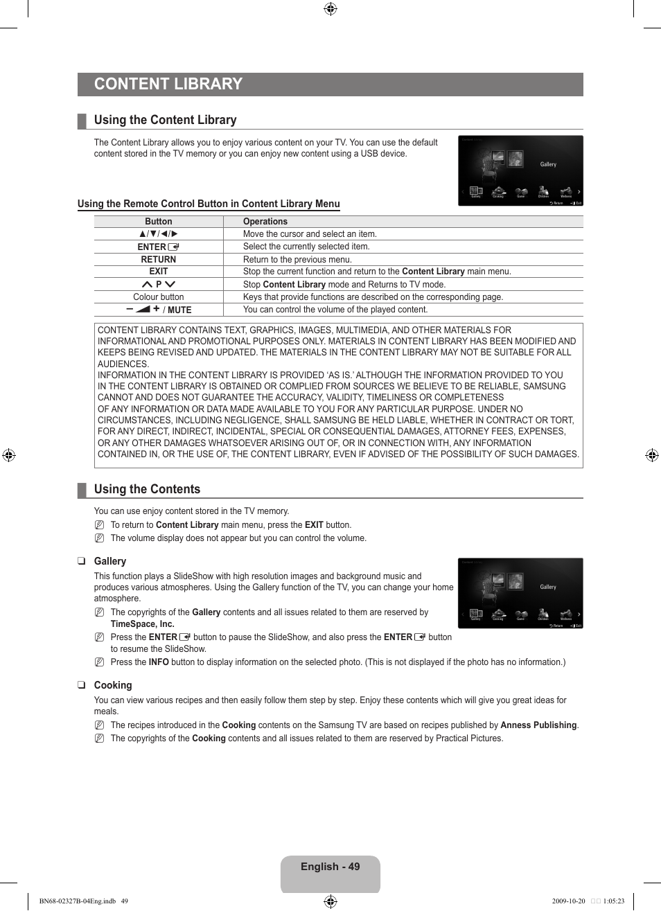 Content library, Using the content library, Using the contents | Samsung LE46B750U1W User Manual | Page 51 / 680