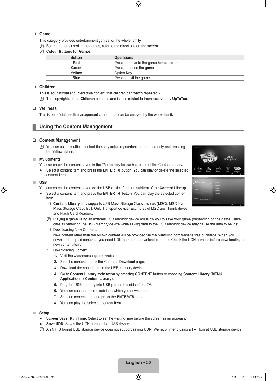 Using the content management, English - 50 game, Children | Wellness, Content management | Samsung LE46B750U1W User Manual | Page 52 / 680