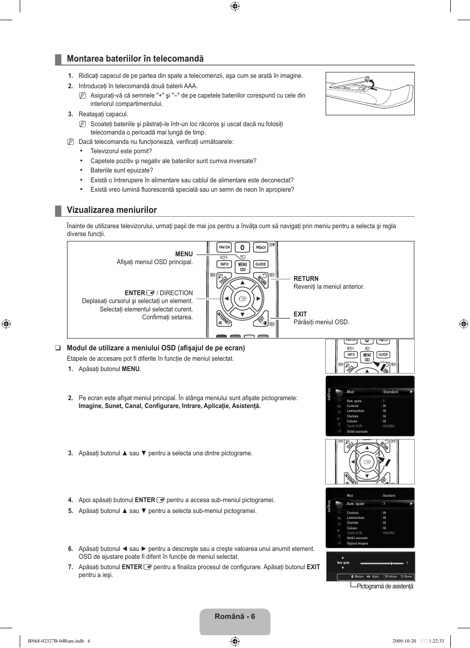 Funcţionare, Montarea bateriilor în telecomandă, Vizualizarea meniurilor | Română | Samsung LE46B750U1W User Manual | Page 548 / 680