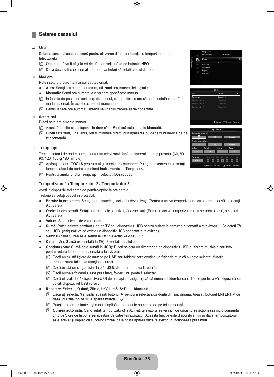 Setarea ceasului, Română, Temp. opr | Temporizator  / temporizator  / temporizator | Samsung LE46B750U1W User Manual | Page 565 / 680