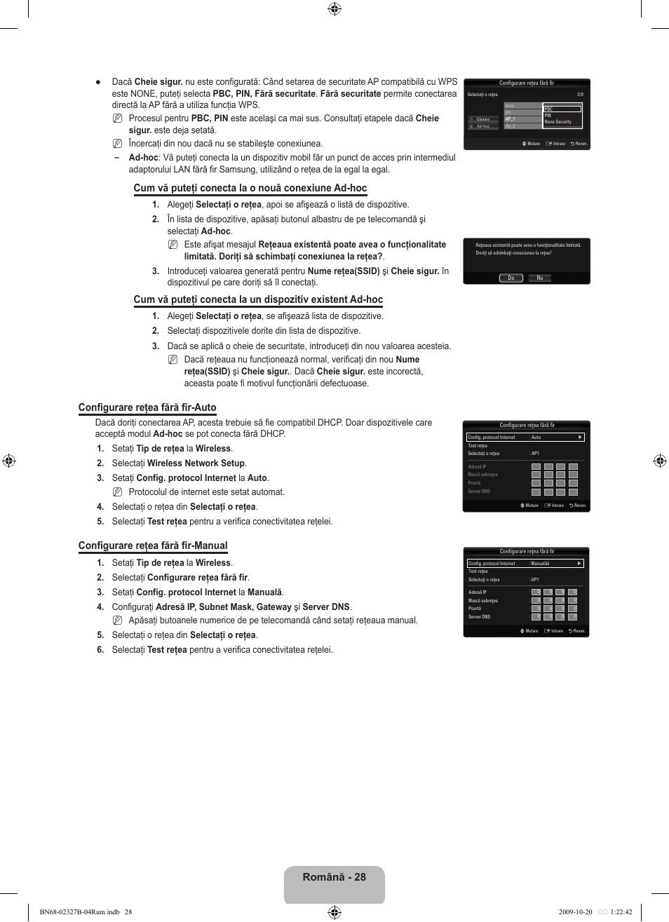 Română, Cum vă puteţi conecta la o nouă conexiune ad-hoc, Configurare reţea fără fir-auto | Configurare reţea fără fir-manual | Samsung LE46B750U1W User Manual | Page 570 / 680