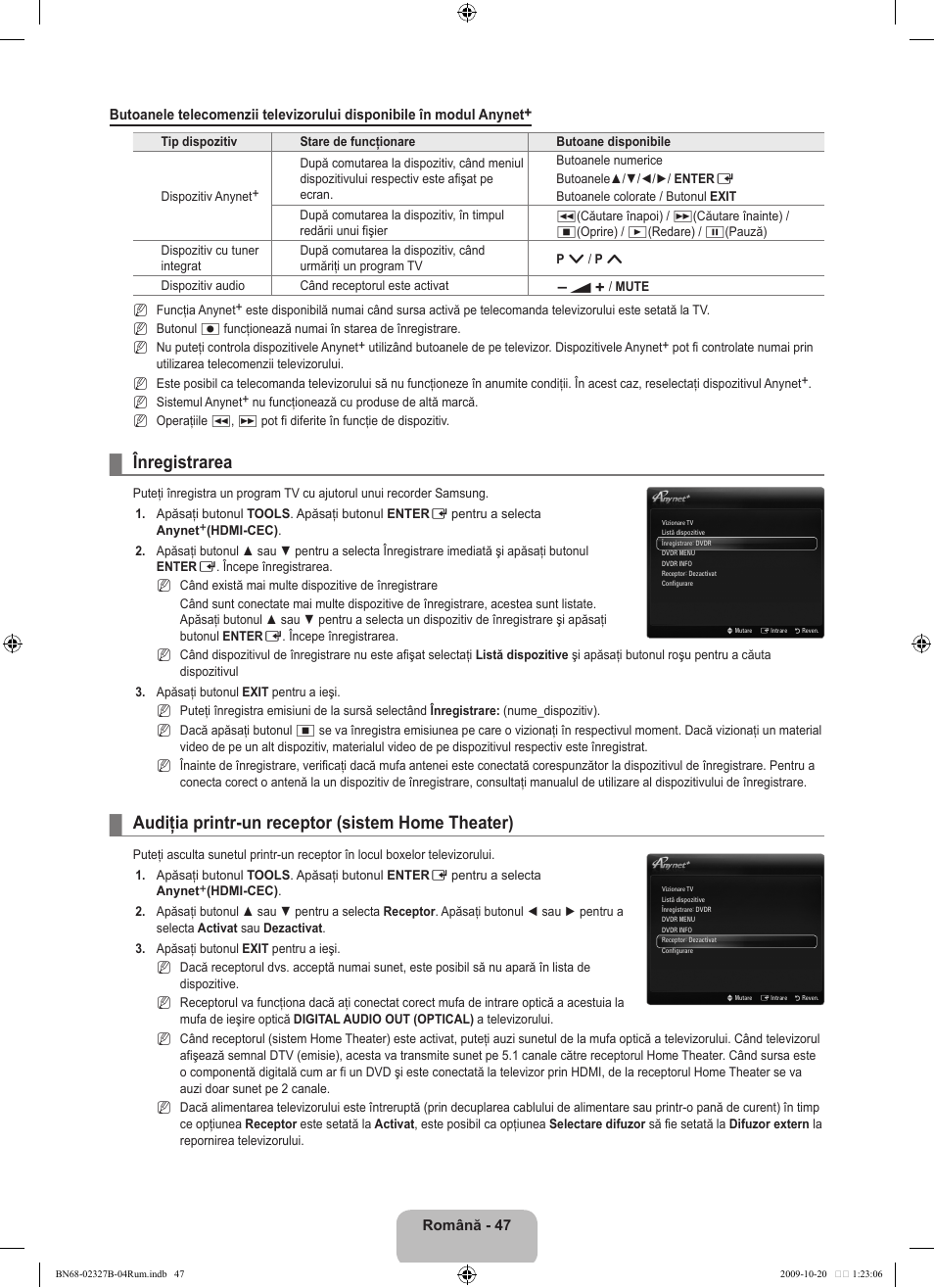 Înregistrarea, Audiţia printr-un receptor (sistem home theater) | Samsung LE46B750U1W User Manual | Page 589 / 680