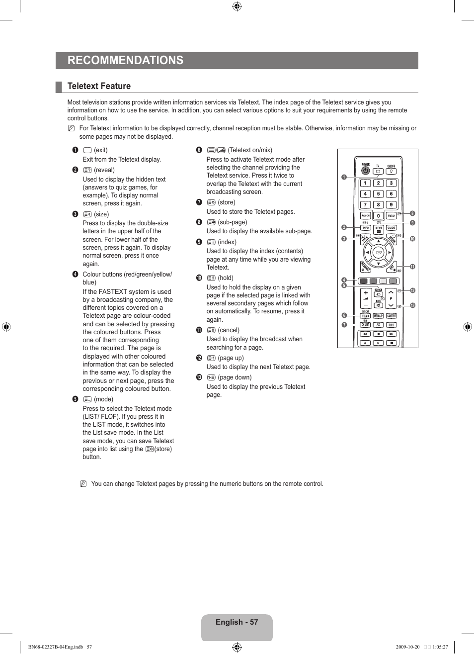 Recommendations, Teletext feature | Samsung LE46B750U1W User Manual | Page 59 / 680