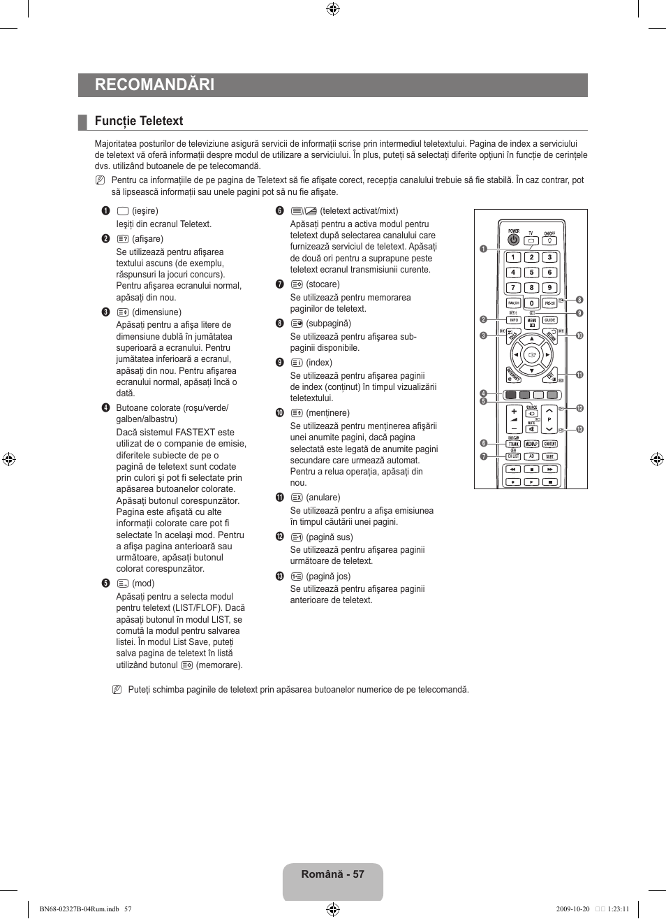 Recomandări, Funcţie teletext | Samsung LE46B750U1W User Manual | Page 599 / 680
