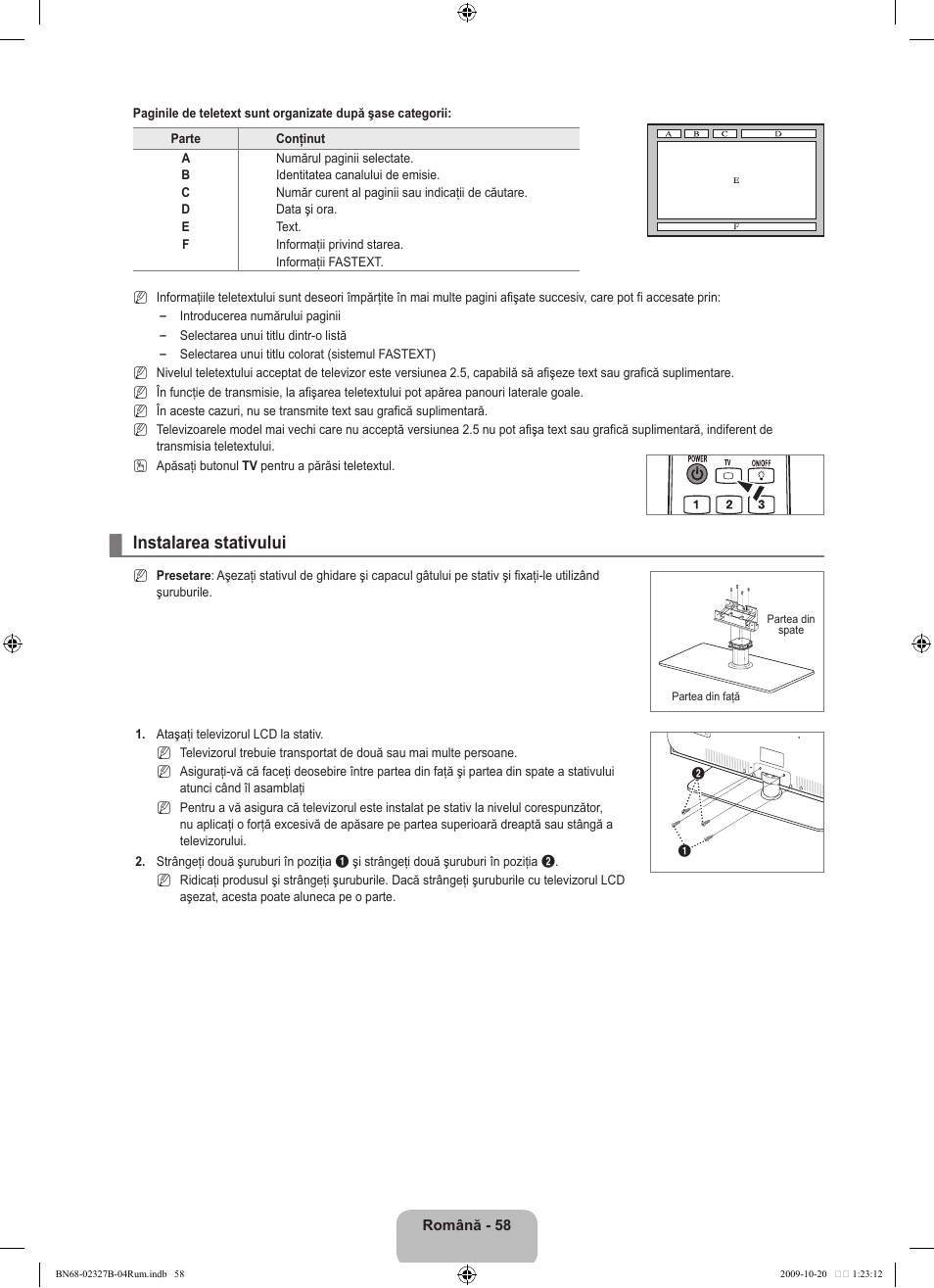 Instalarea stativului | Samsung LE46B750U1W User Manual | Page 600 / 680