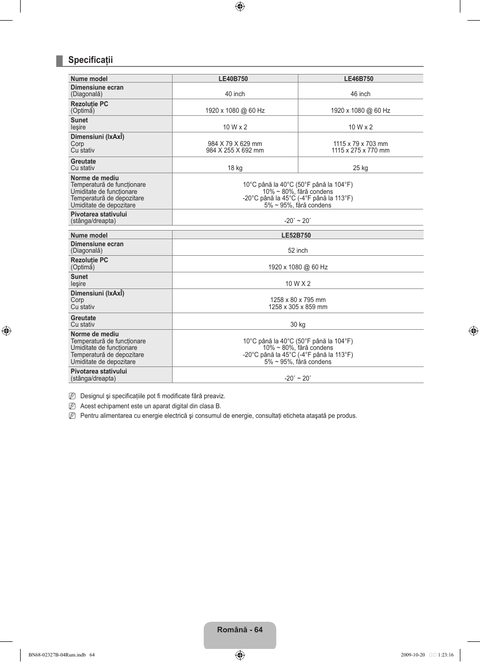 Specificaţii | Samsung LE46B750U1W User Manual | Page 606 / 680
