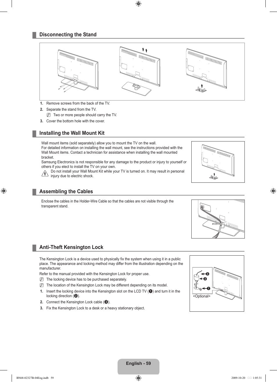 Disconnecting the stand, Installing the wall mount kit, Assembling the cables | Anti-theft kensington lock | Samsung LE46B750U1W User Manual | Page 61 / 680