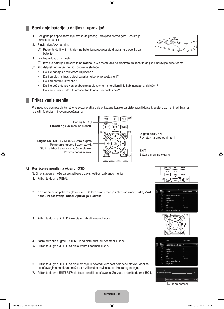 Stavljanje baterija u daljinski upravljač, Prikazivanje menija, Srpski - 6 | Korišćenje menija na ekranu (osd) | Samsung LE46B750U1W User Manual | Page 614 / 680