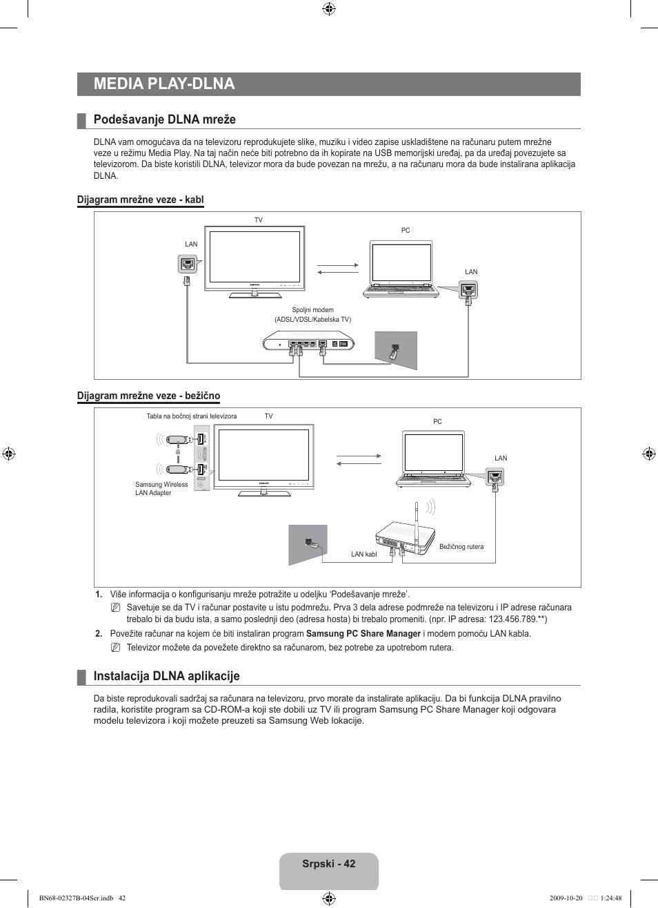 Media play-dlna, Podešavanje dlna mreže, Instalacija dlna aplikacije | Samsung LE46B750U1W User Manual | Page 650 / 680