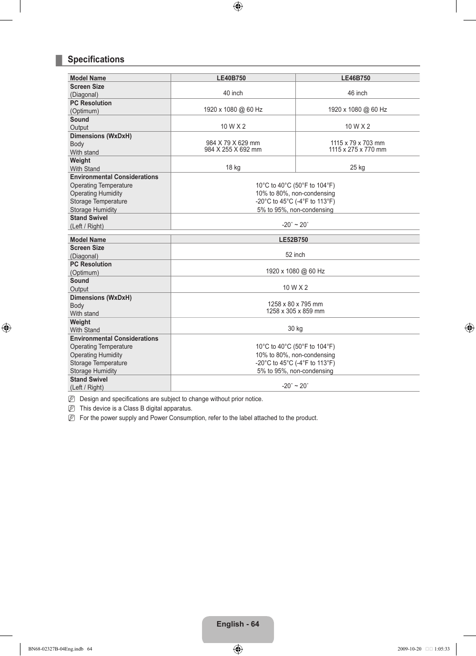 Specifications | Samsung LE46B750U1W User Manual | Page 66 / 680
