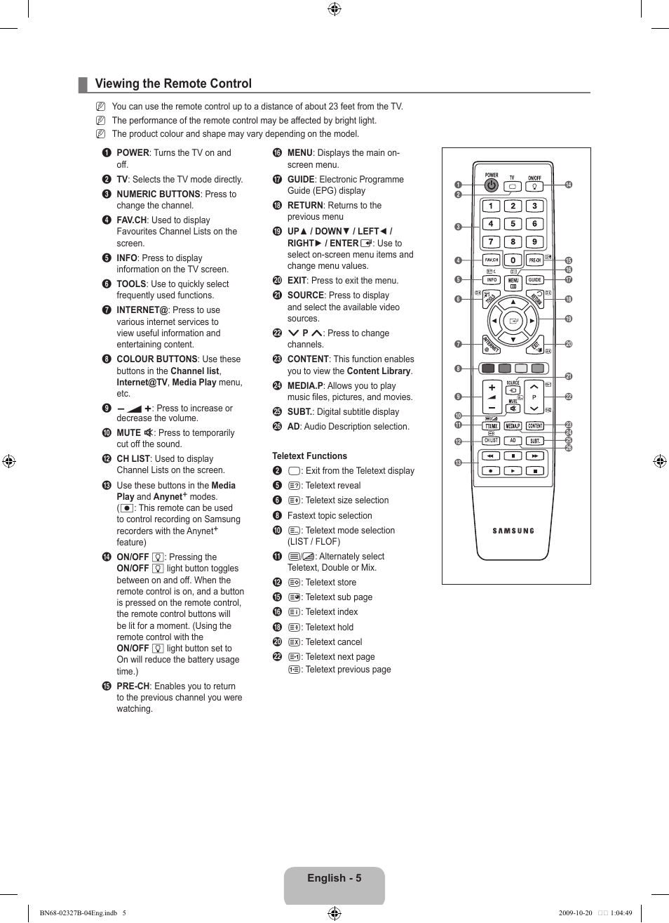 Viewing the remote control | Samsung LE46B750U1W User Manual | Page 7 / 680