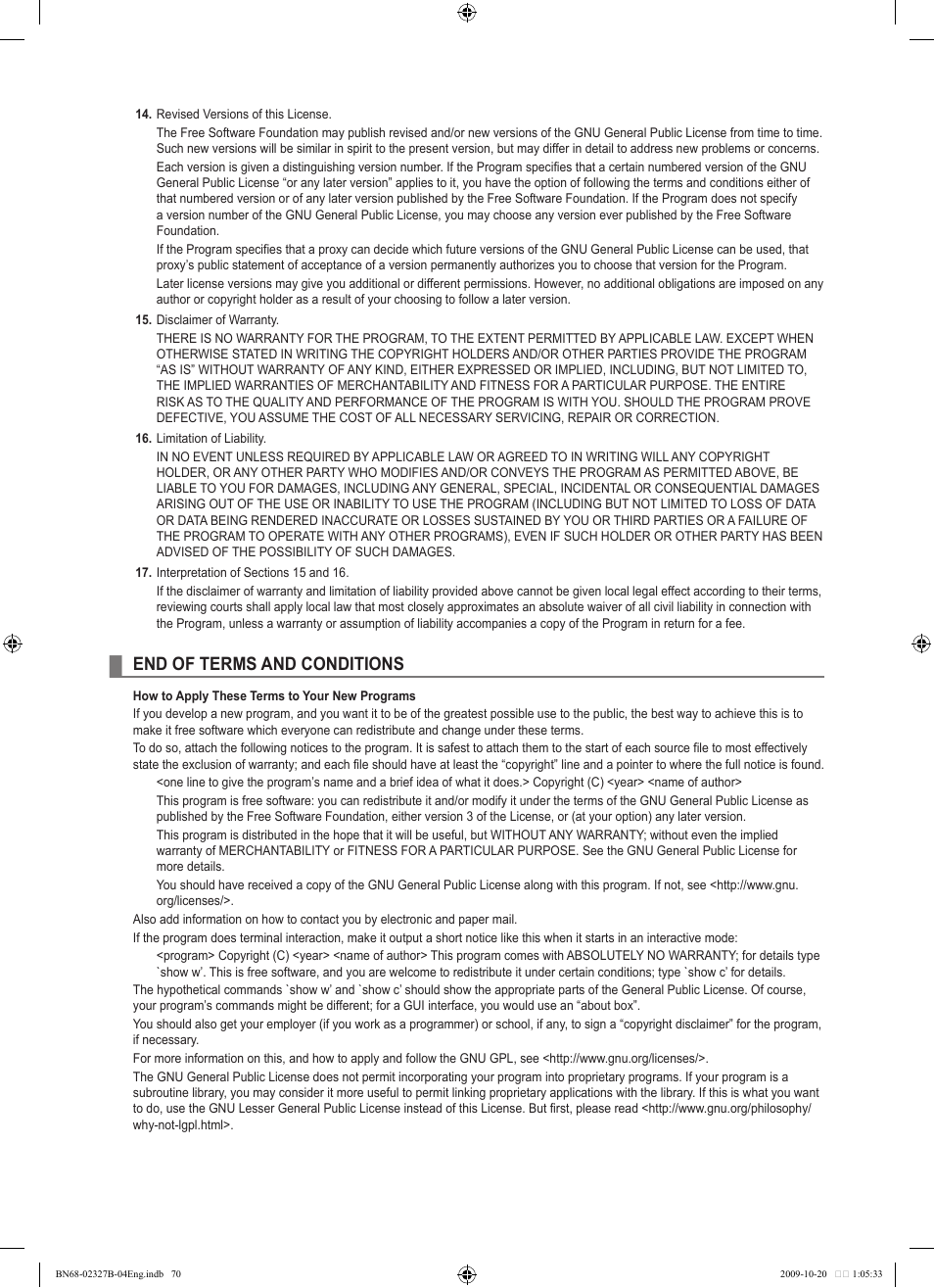 End of terms and conditions | Samsung LE46B750U1W User Manual | Page 72 / 680