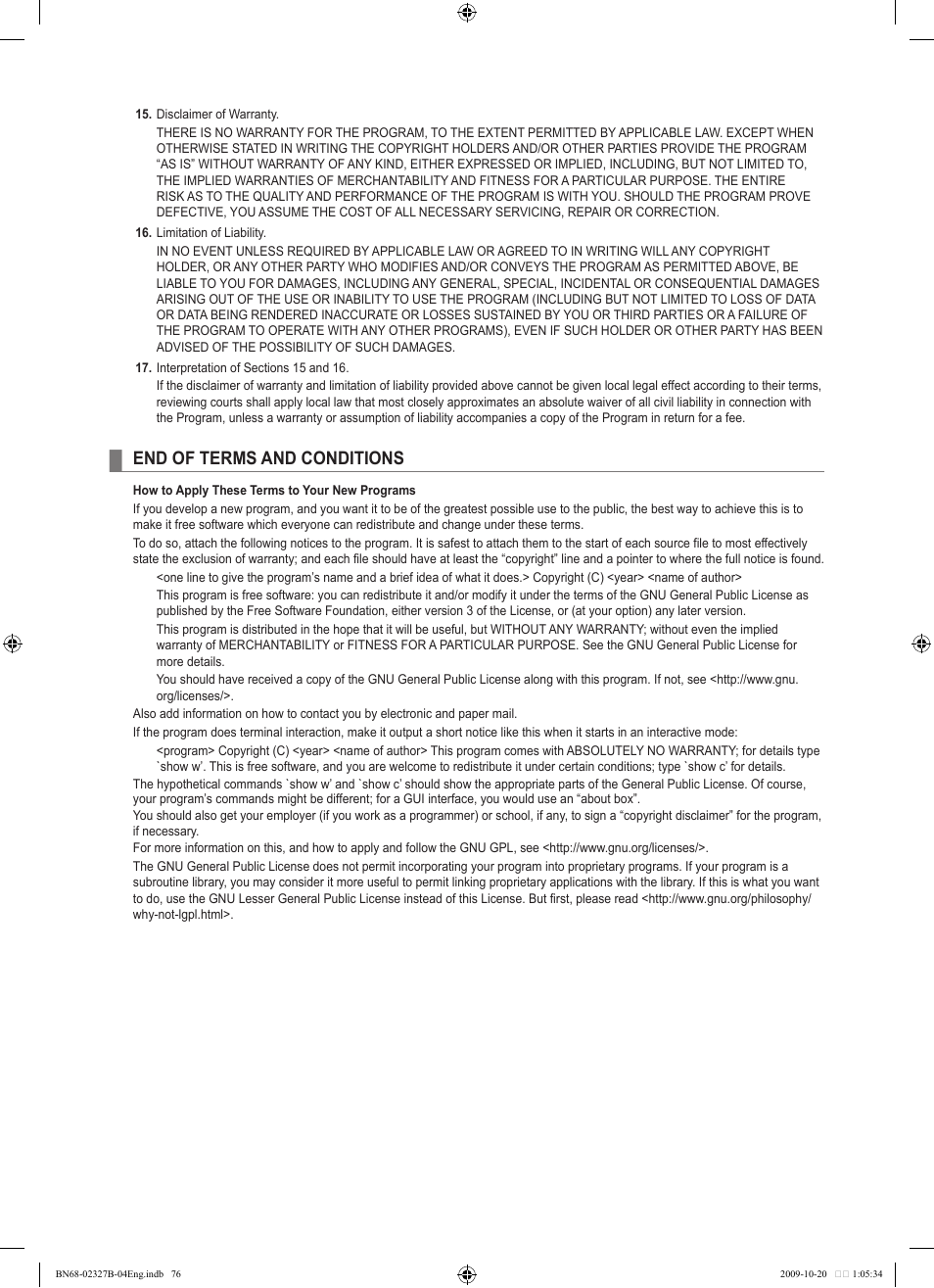 End of terms and conditions | Samsung LE46B750U1W User Manual | Page 78 / 680