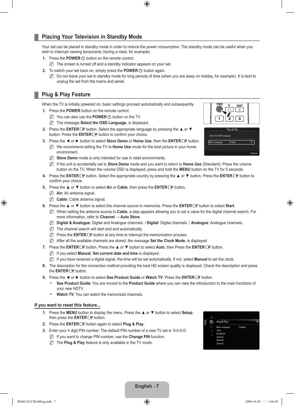 Placing your television in standby mode, Plug & play feature | Samsung LE46B750U1W User Manual | Page 9 / 680