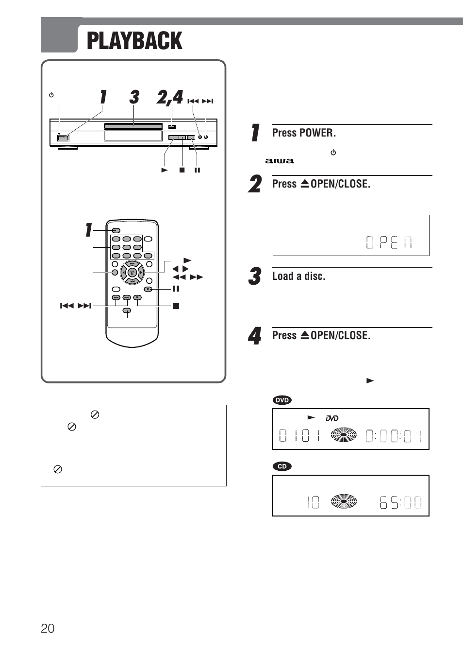 Playback, Press power, Press z open/close | Load a disc | Aiwa XD-DV520 User Manual | Page 20 / 50