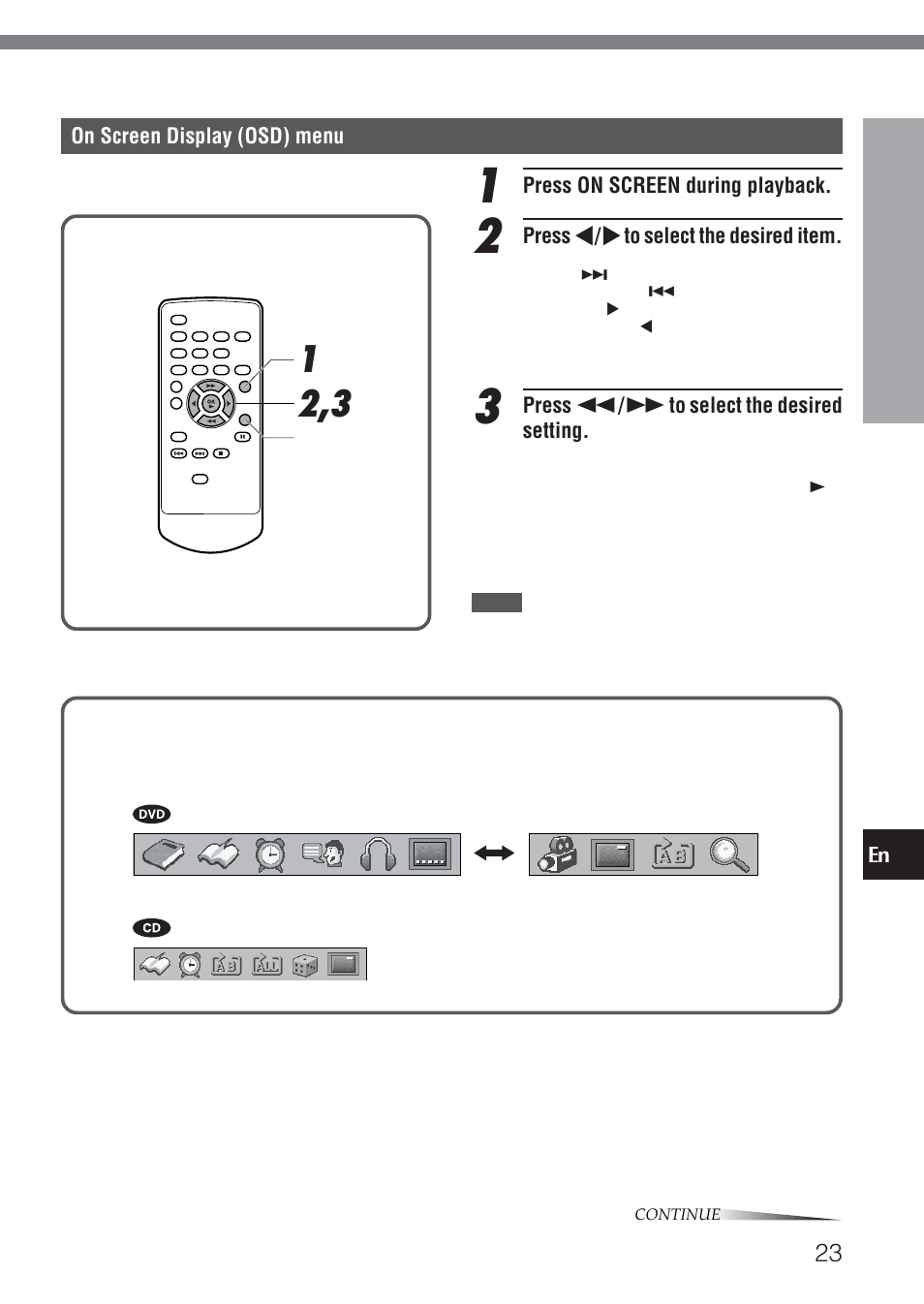 En on screen display (osd) menu, Press on screen during playback, Press j / l to select the desired item | Press f / g to select the desired setting | Aiwa XD-DV520 User Manual | Page 23 / 50
