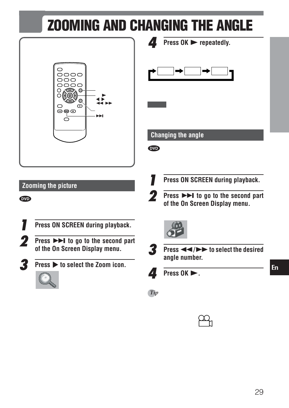 Zooming and changing the angle | Aiwa XD-DV520 User Manual | Page 29 / 50