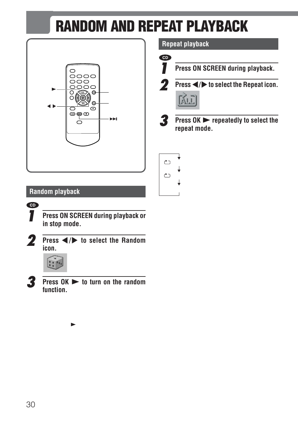 Random and repeat playback | Aiwa XD-DV520 User Manual | Page 30 / 50