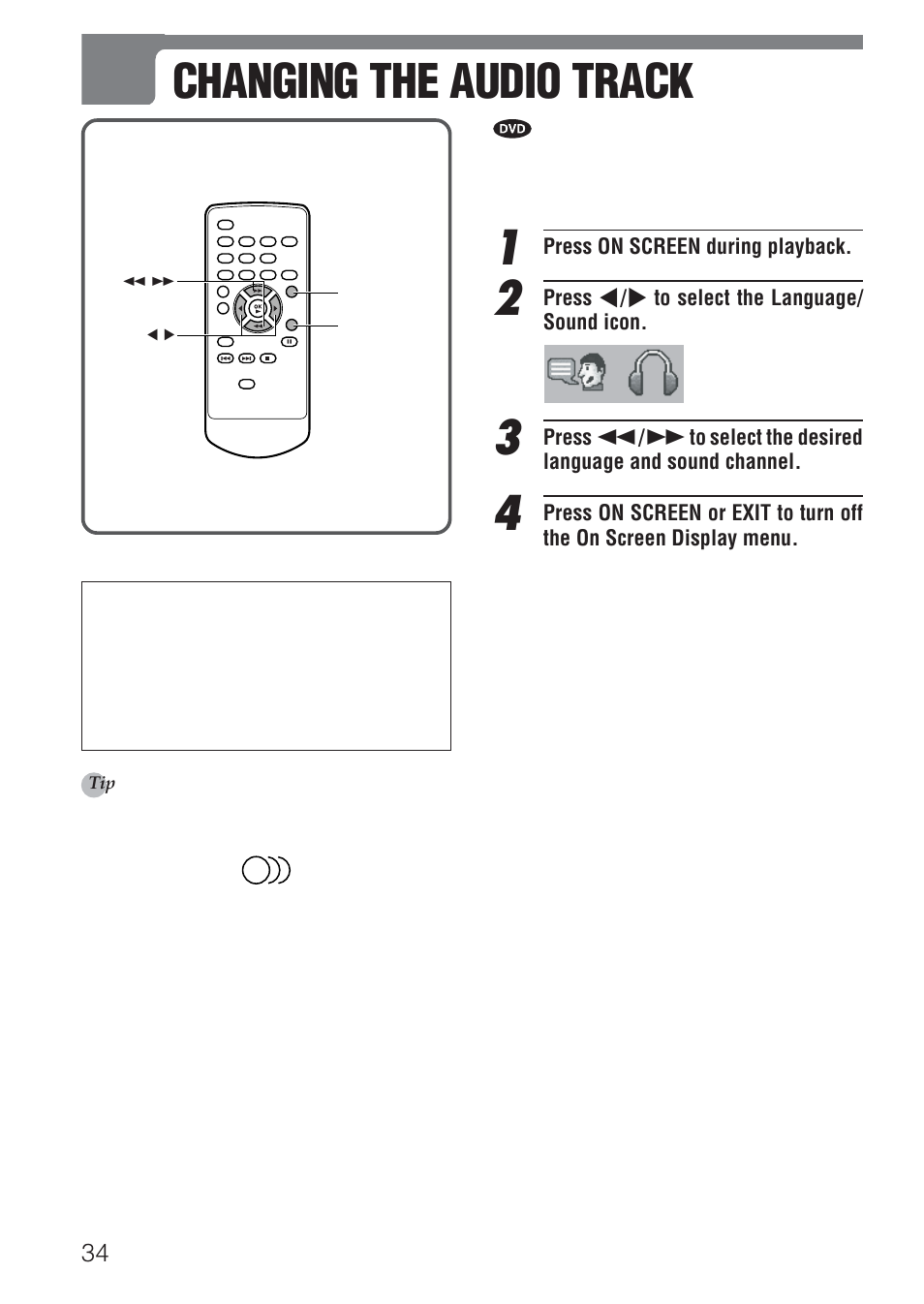 Changing the audio track | Aiwa XD-DV520 User Manual | Page 34 / 50
