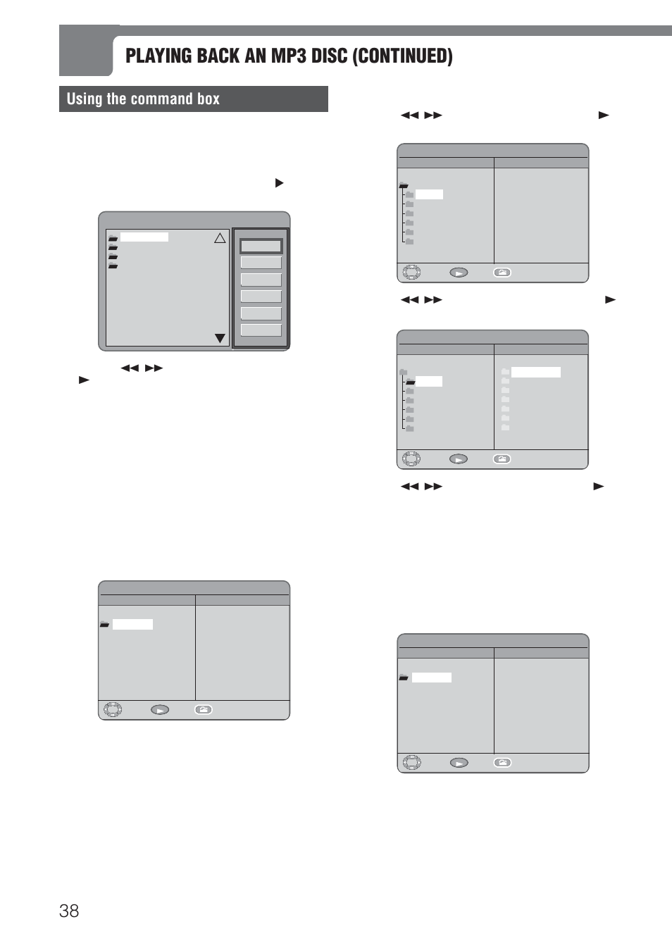 Playing back an mp3 disc (continued), Using the command box, Play] command | New] command, Add] command | Aiwa XD-DV520 User Manual | Page 38 / 50