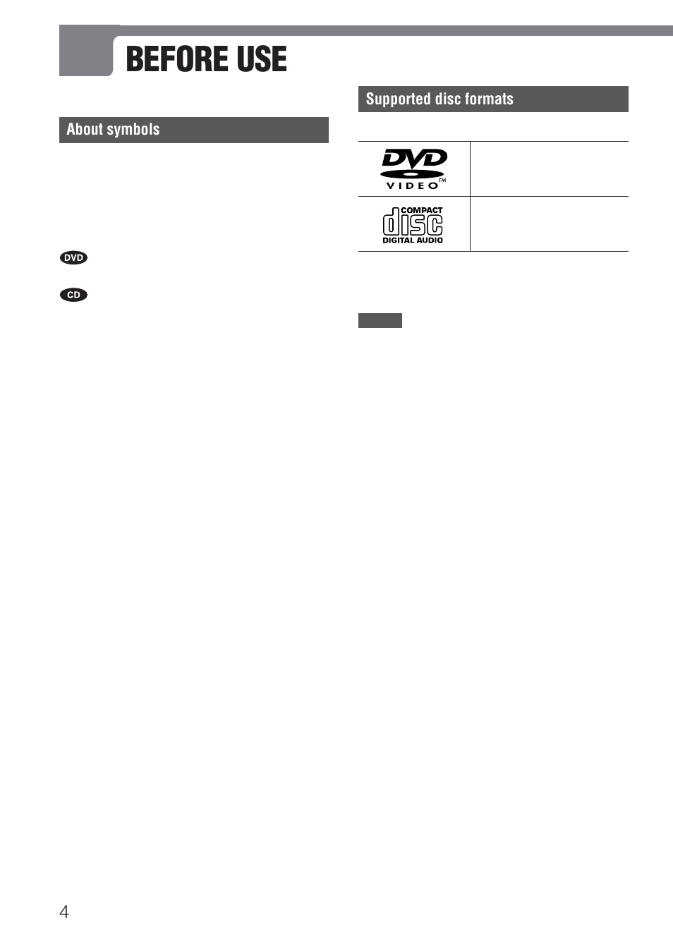 Before use, About symbols, Supported disc formats | Aiwa XD-DV520 User Manual | Page 4 / 50