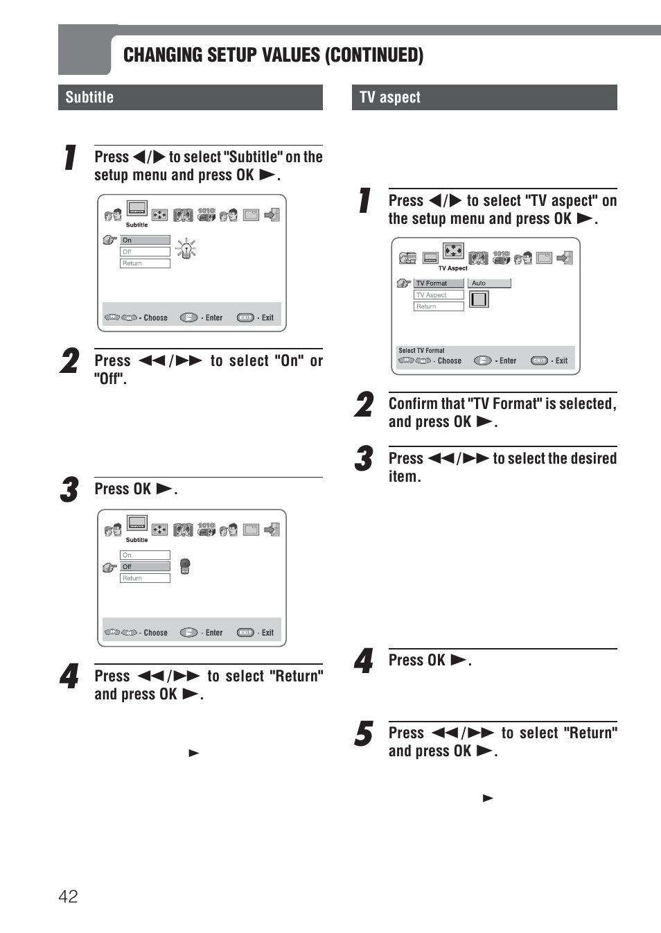 Changing setup values (continued) | Aiwa XD-DV520 User Manual | Page 42 / 50