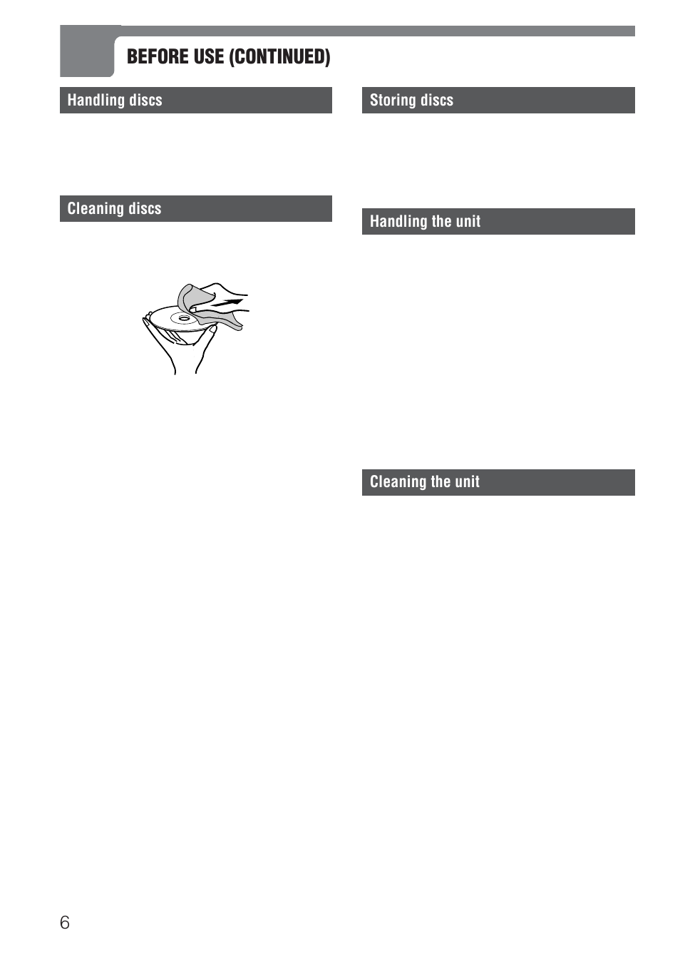 Before use (continued), Handling discs, Cleaning discs | Storing discs, Handling the unit, Cleaning the unit | Aiwa XD-DV520 User Manual | Page 6 / 50
