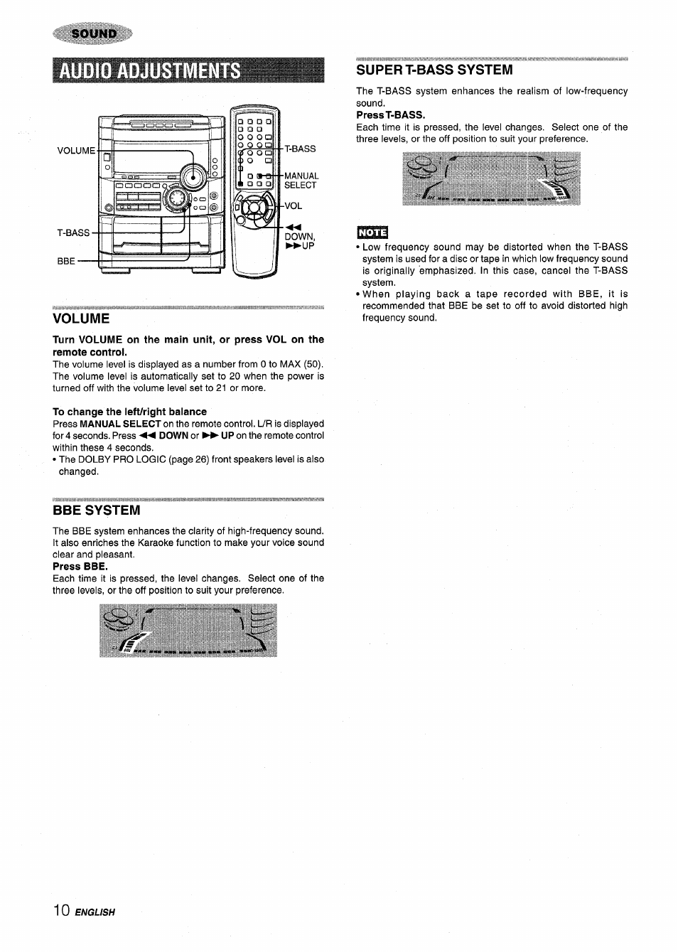 Audio adjustments, Volume, Super t-bass system | To change the left/right balance, Bbe system | Aiwa NSX-MT725 User Manual | Page 10 / 104