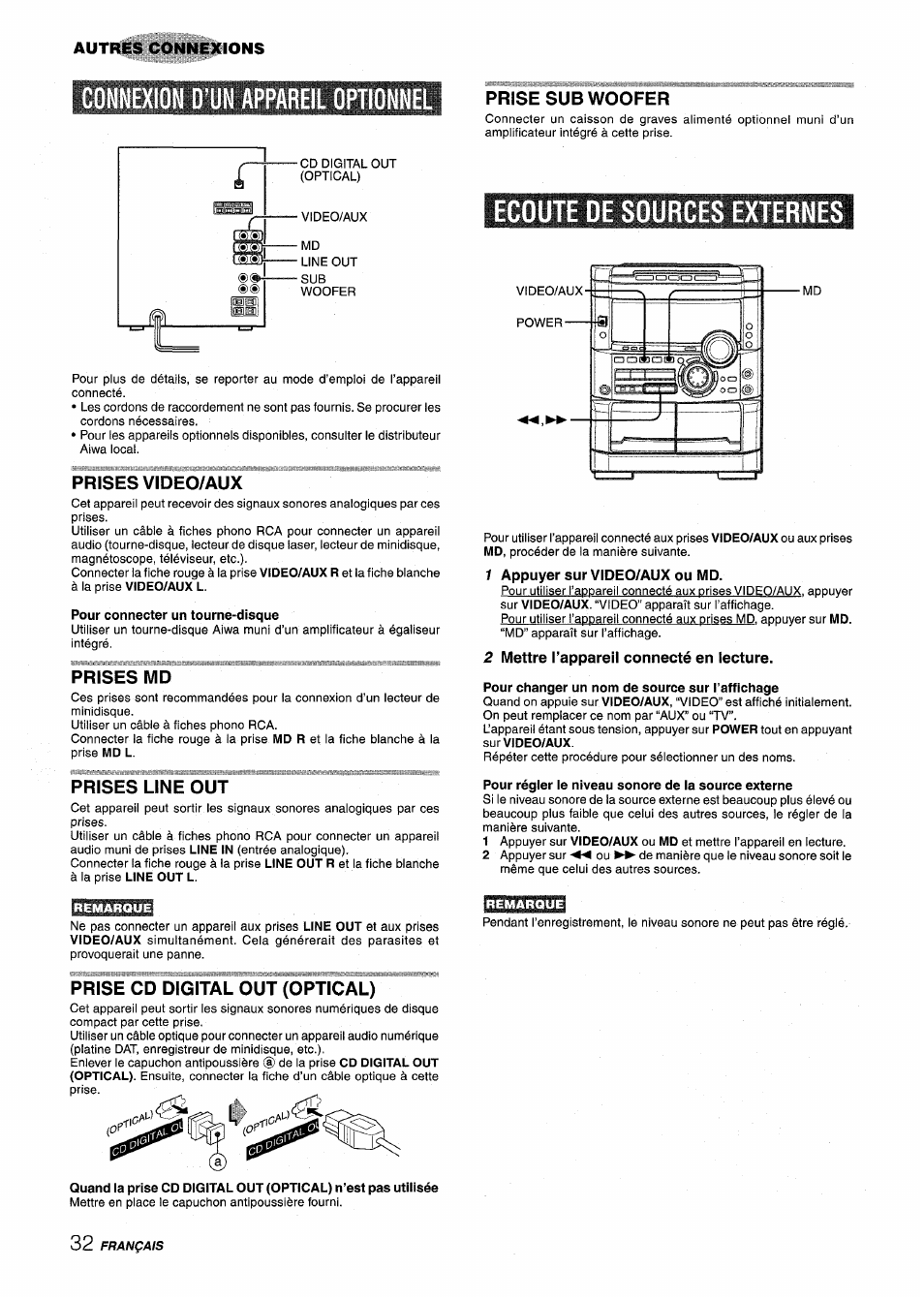 Prises video/aux, Pour connecter un tourne-disque, Prises md | Prises line out, Prise cd digital out (optical), Prise subwoofer, Ecoute de sources externes, 1 appuyer sur video/aux ou md, 2 mettre l’appareil connecté en lecture, Pour changer un nom de source sur l’affichage | Aiwa NSX-MT725 User Manual | Page 100 / 104