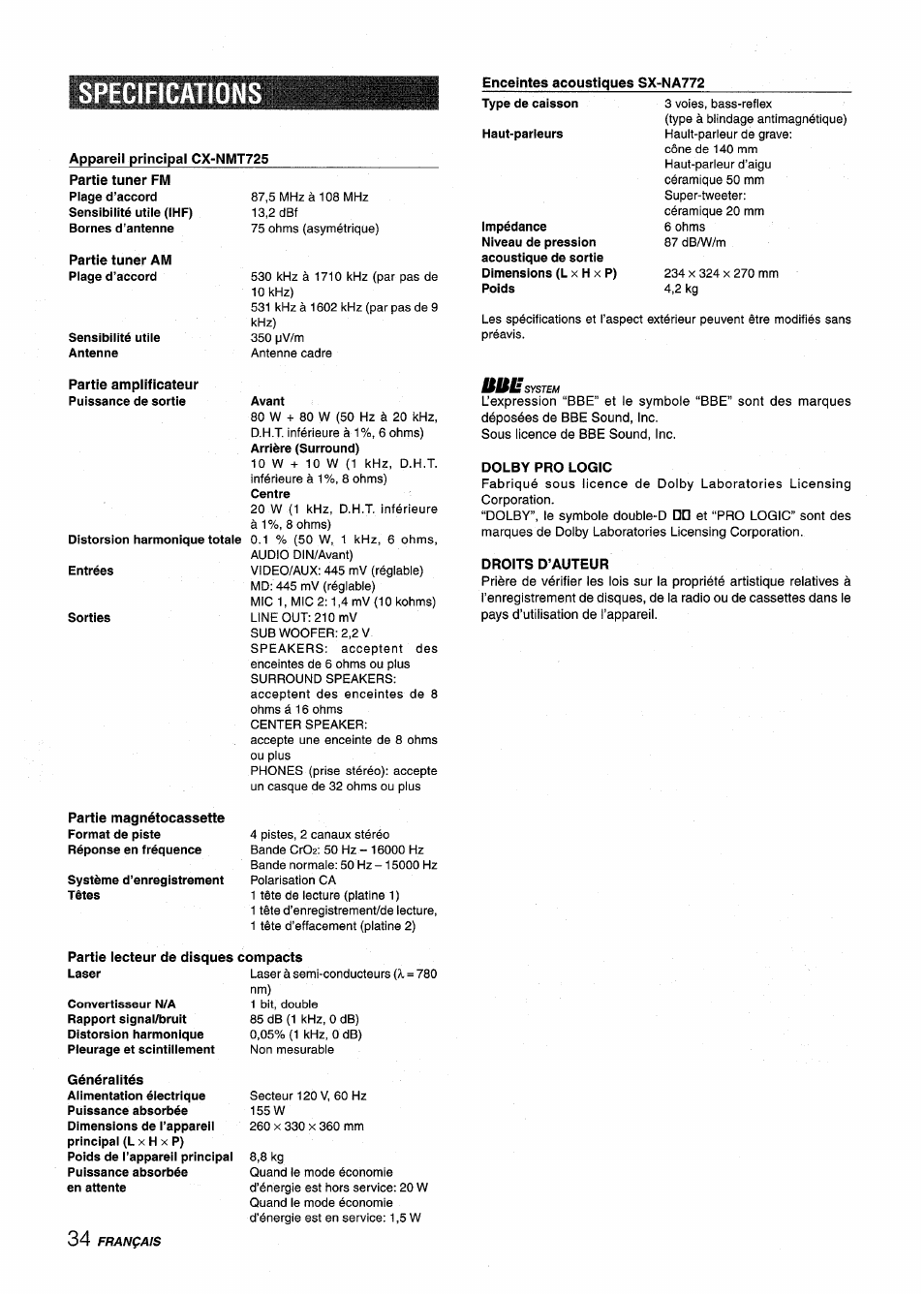 Specification, Enceintes acoustiques sx-na772, Appareii principai cx-nmt725 | Partie tuner am, Partie ampiificateur, Partie iecteur de disques compacts, Dolby pro logic, Droits d’auteur | Aiwa NSX-MT725 User Manual | Page 102 / 104