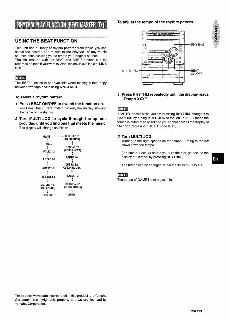 Using the beat function, To select a rhythm pattern, 1 press beat on/off to switch the function on | 2 turn multi jog | Aiwa NSX-MT725 User Manual | Page 11 / 104
