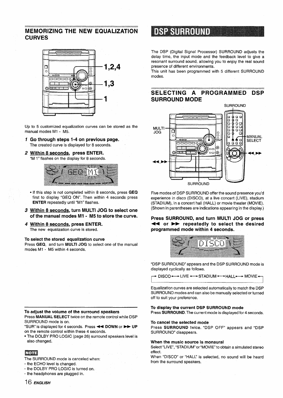 Memorizing the new equalization curves, Dspsurroun, 2 within 8 seconds, press enter | 4 within 8 seconds, press enter, To select the stored equalization curve, Selecting a programmed dsp surround mode, To display the current dsp surround mode, To cancel the selected mode, When the music source is monaural, Dsp surround | Aiwa NSX-MT725 User Manual | Page 16 / 104