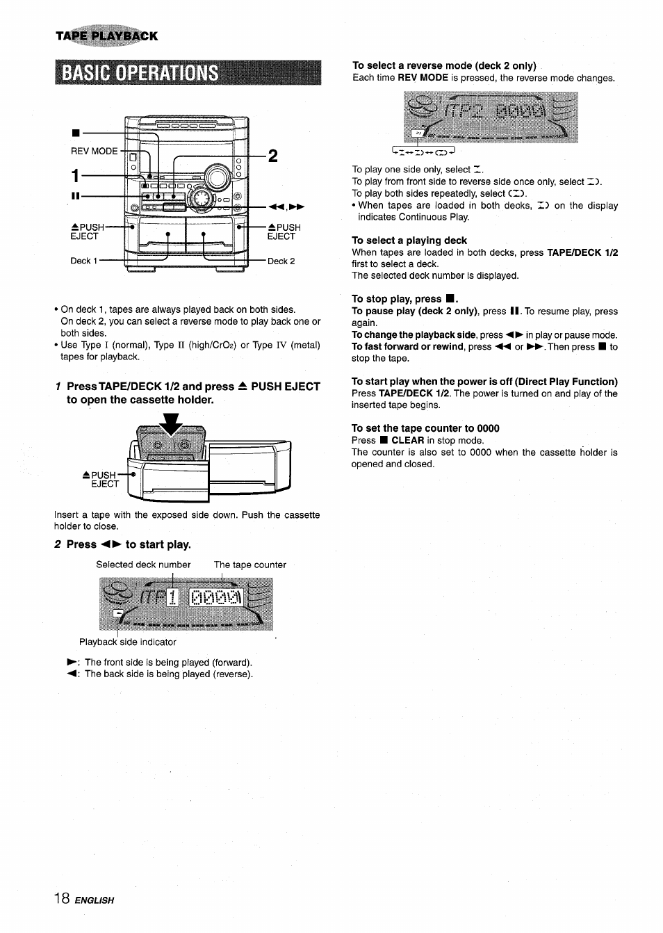 Basic operations, To select a reverse mode (deck 2 only), 2 press ◄►to start play | To select a playing deck, To stop play, press | Aiwa NSX-MT725 User Manual | Page 18 / 104