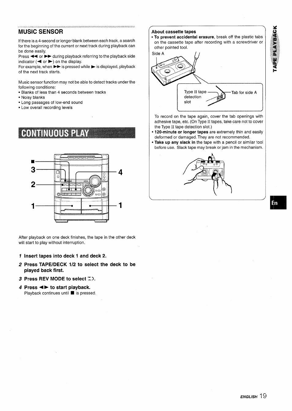 Music sensor, Continuo, 1 insert tapes into deck 1 and deck 2 | 3 press rev mode to select, 4 press to start playback | Aiwa NSX-MT725 User Manual | Page 19 / 104