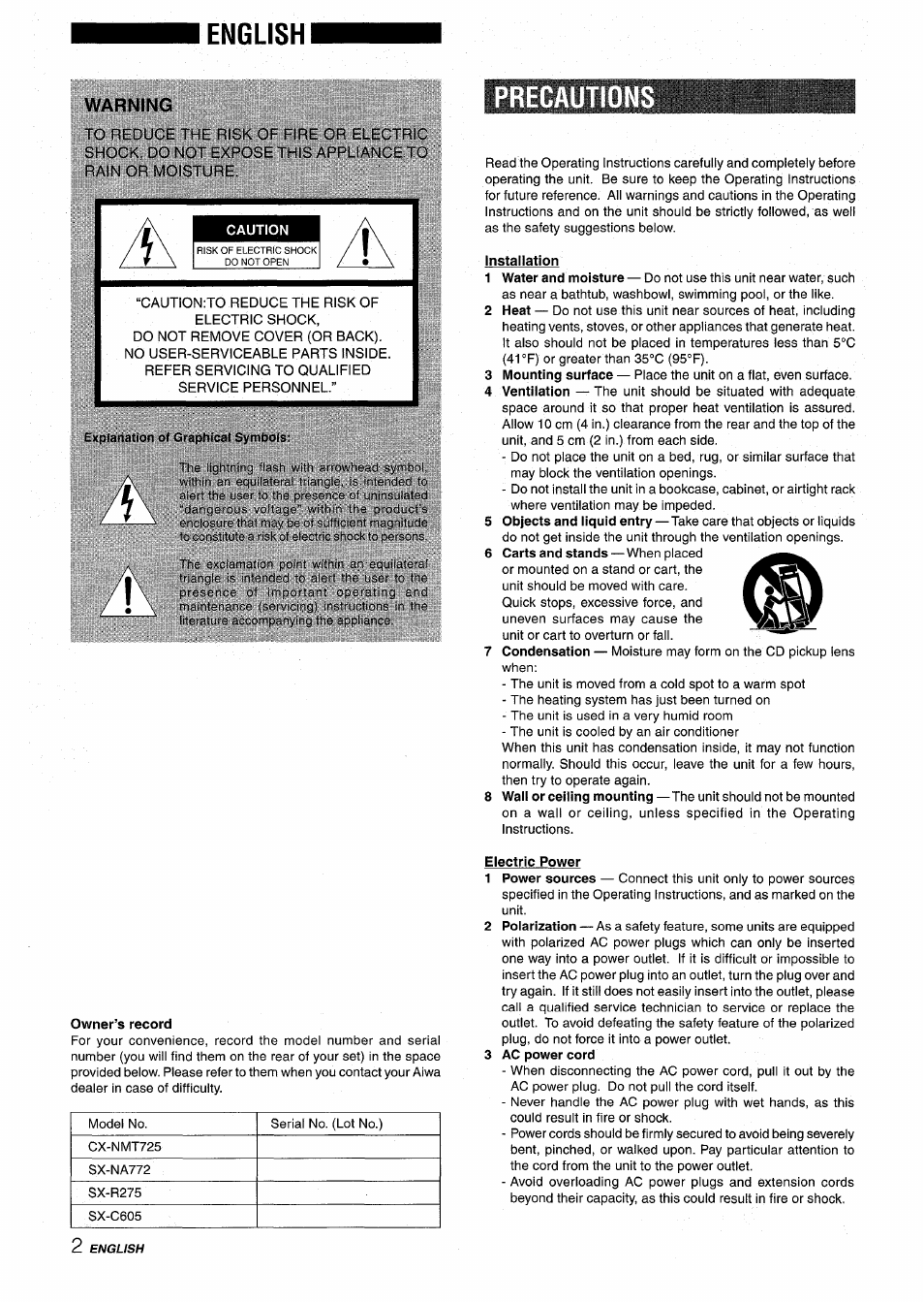 English, Warning, Precaution | Installation | Aiwa NSX-MT725 User Manual | Page 2 / 104