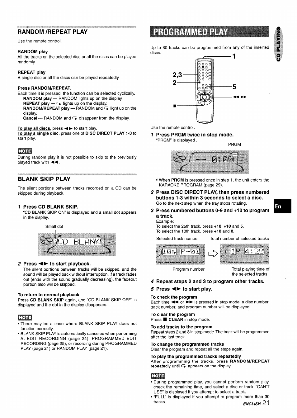 Random /repeat play, Random play, Repeat play | Press random/repeat, Blank skip play, 1 press cd blank skip, Program, 2 press ◄►to start playback, To return to normal playback, 1 press prgm twice in stop mode | Aiwa NSX-MT725 User Manual | Page 21 / 104