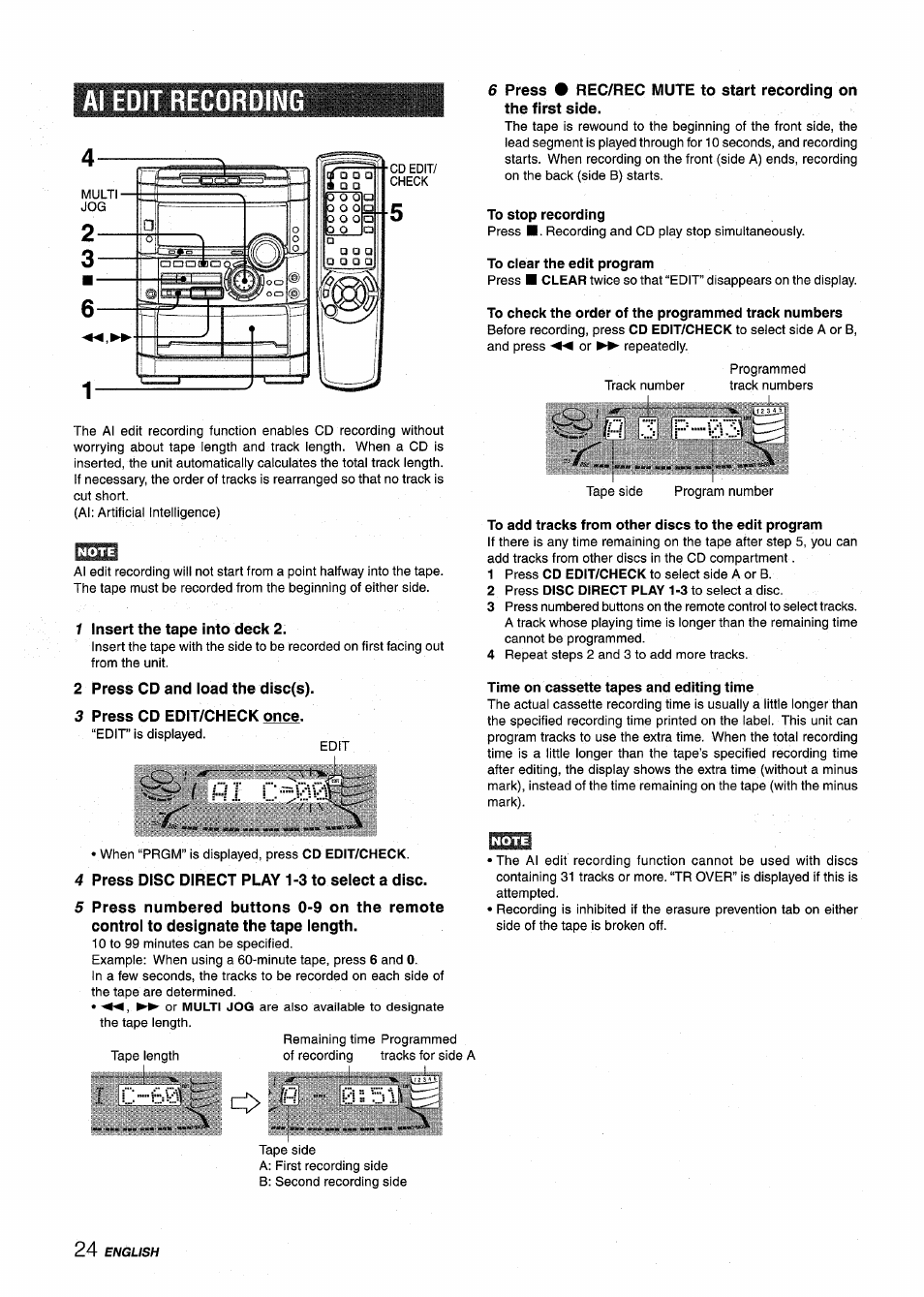 Al edit recording, To stop recording, To clear the edit program | To check the order of the programmed track numbers, 1 insert the tape into deck 2, 2 press cd and load the disc(s), 3 press cd edit/check once, 4 press disc direct play 1-3 to select a disc, Basic recording, 3 p.03 | Aiwa NSX-MT725 User Manual | Page 24 / 104