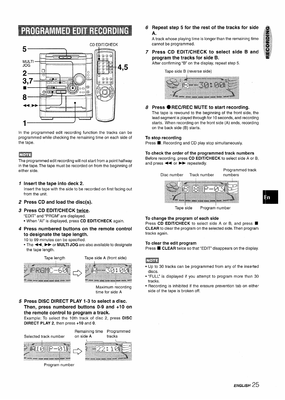 Programmed edit recordi, To stop recording, To check the order of the programmed track numbers | To clear the edit program, Programmed edit recording, Prgric.by | Aiwa NSX-MT725 User Manual | Page 25 / 104