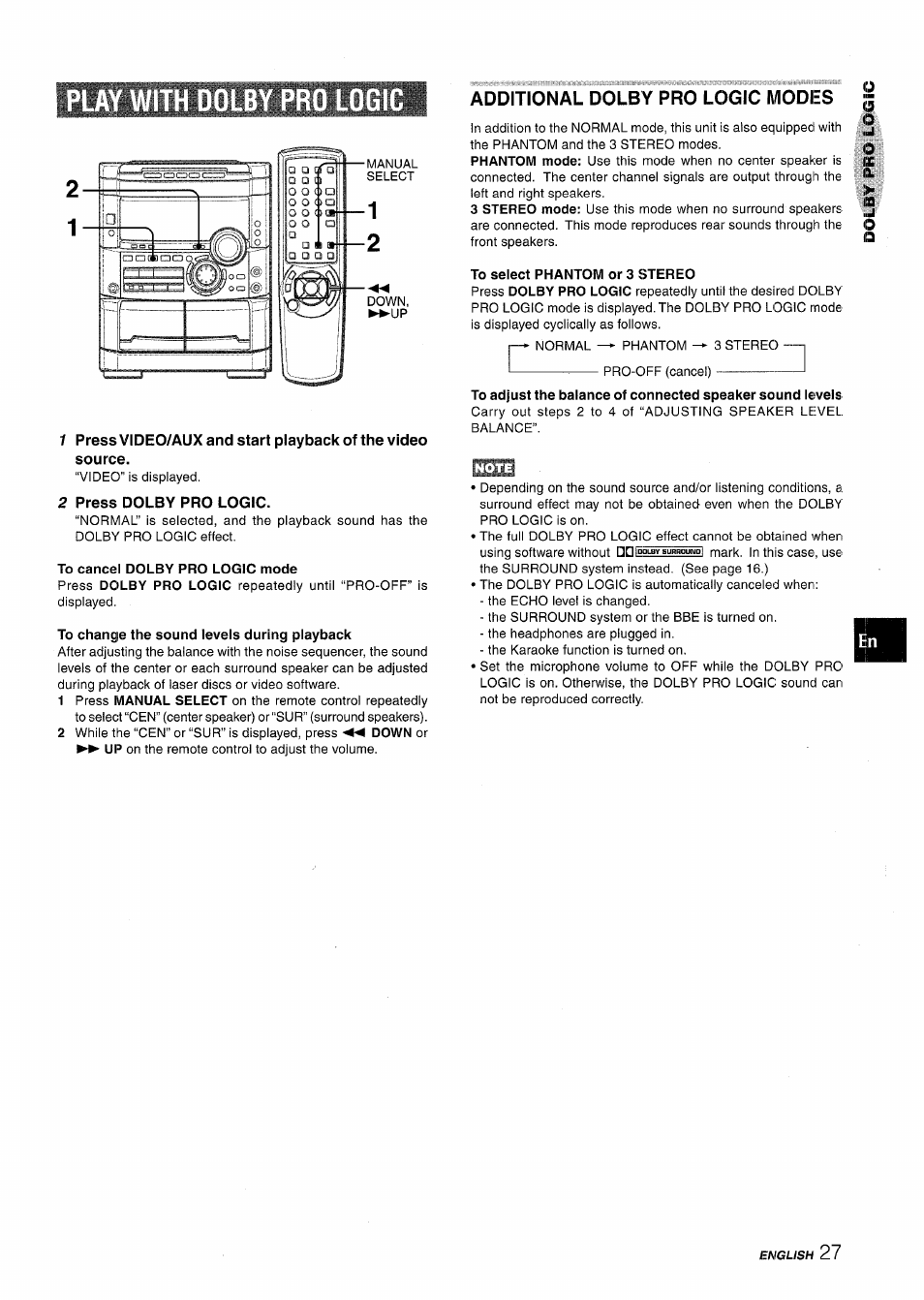 Ogic, 2 press dolby pro logic, Additional dolby pro logic modes | Aiwa NSX-MT725 User Manual | Page 27 / 104