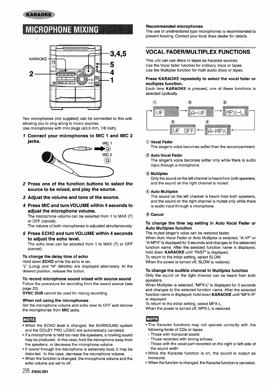 Microphone mixing, Recommended microphones, 3 adjust the volume and tone of the source | To record microphone sound mixed with source sound, Vocal fader/multiplex functions, Vocal fader, D multiplex, Auto multiplex, Uf off h--mpx | Aiwa NSX-MT725 User Manual | Page 28 / 104