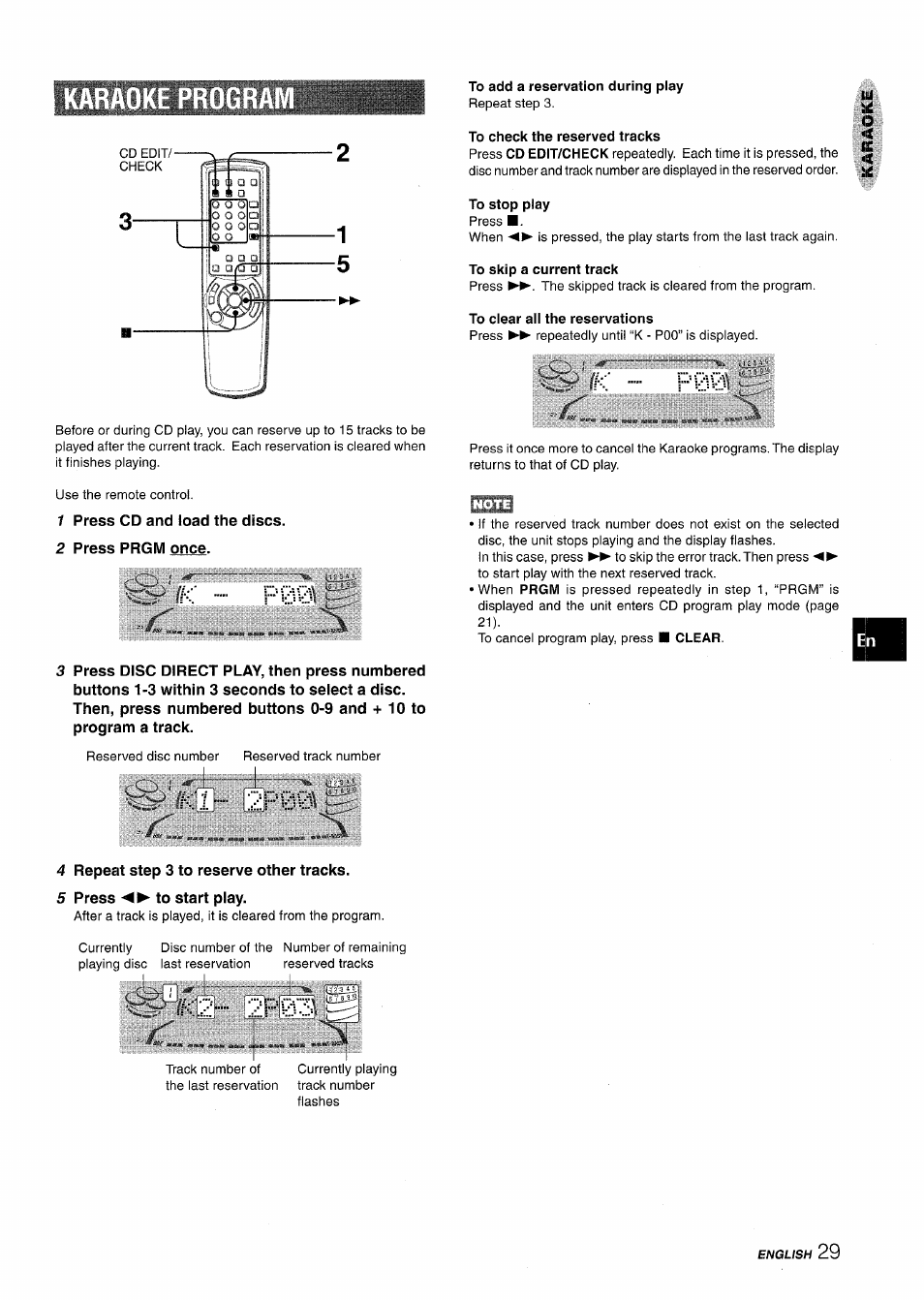 Karaoke progra, To add a reservation during piay, To check the reserved tracks | To stop play, To clear all the reservations, Karaoke program, K ... p00 | Aiwa NSX-MT725 User Manual | Page 29 / 104