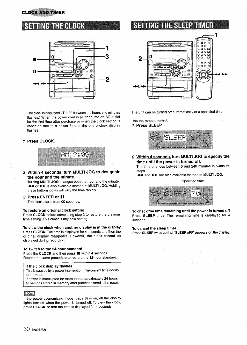 Setting the sleep timer, 1 press clock, 1 press sleep | Sleef, 3 press enter or ii, To restore an original clock setting, To switch to the 24-hour standard, If the clock display flashes, To cancel the sleep timer, Setting the sleep timer (3 | Aiwa NSX-MT725 User Manual | Page 30 / 104
