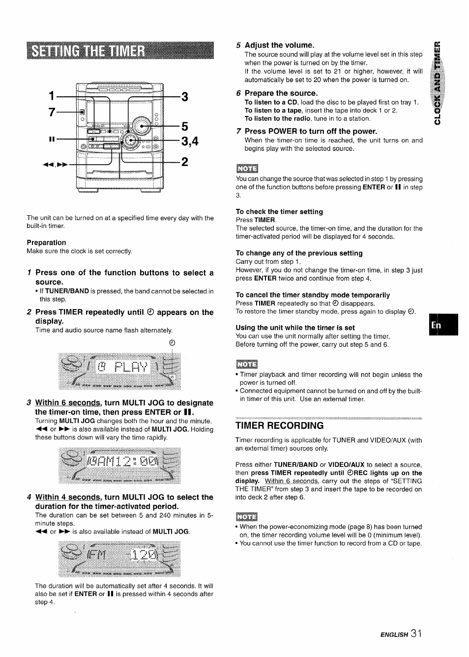 5 adjust the volume, 6 prepare the source, 7 press power to turn off the power | Preparation, To check the timer setting press timer, To change any of the previous setting, Using the unit while the timer is set, Timer recording | Aiwa NSX-MT725 User Manual | Page 31 / 104