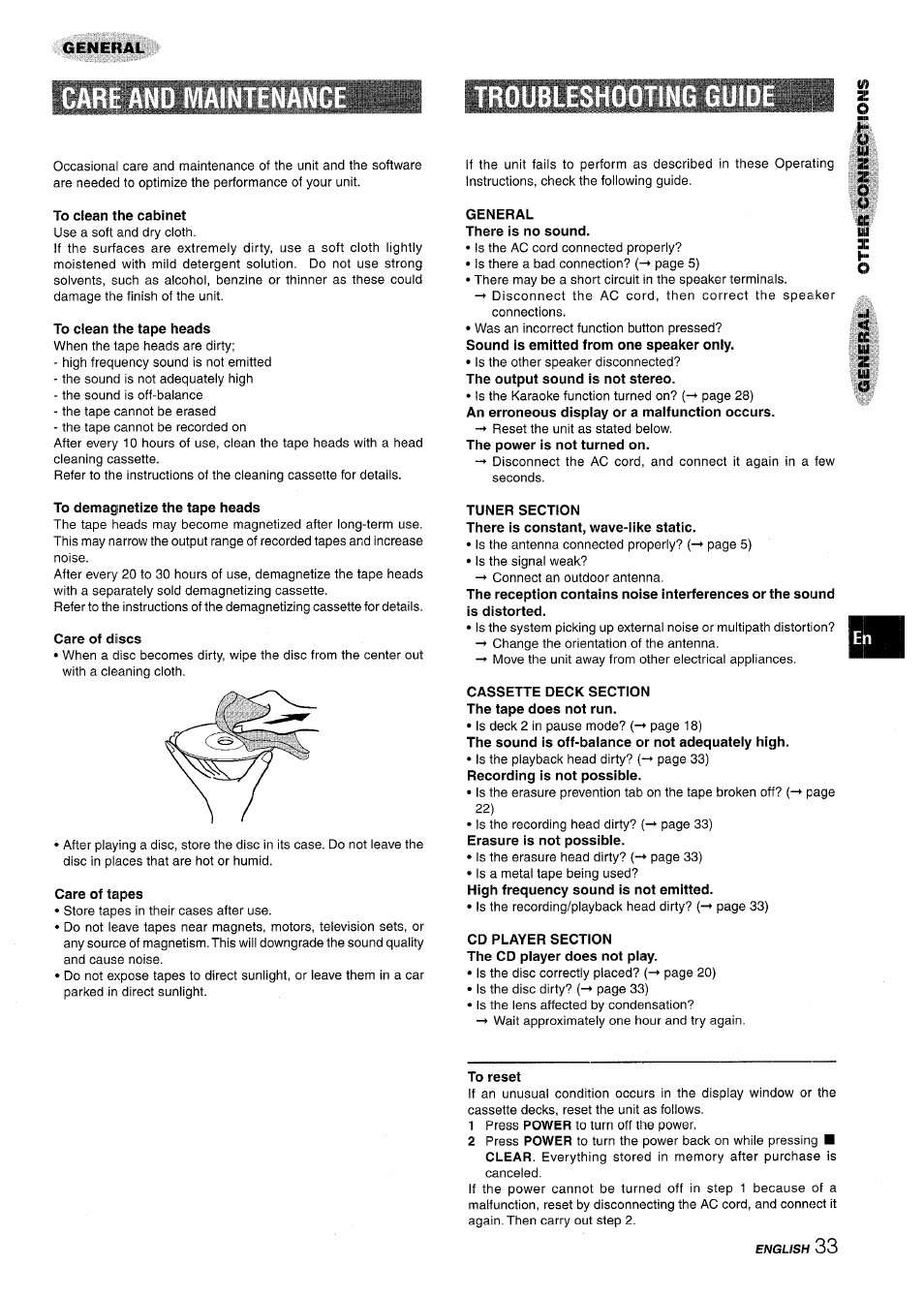 To clean the cabinet, To clean the tape heads, To demagnetize the tape heads | Care of discs, Care of tapes, General there is no sound, Tuner section, Cassette deck section the tape does not run, Cd player section the cd player does not play, To reset | Aiwa NSX-MT725 User Manual | Page 33 / 104